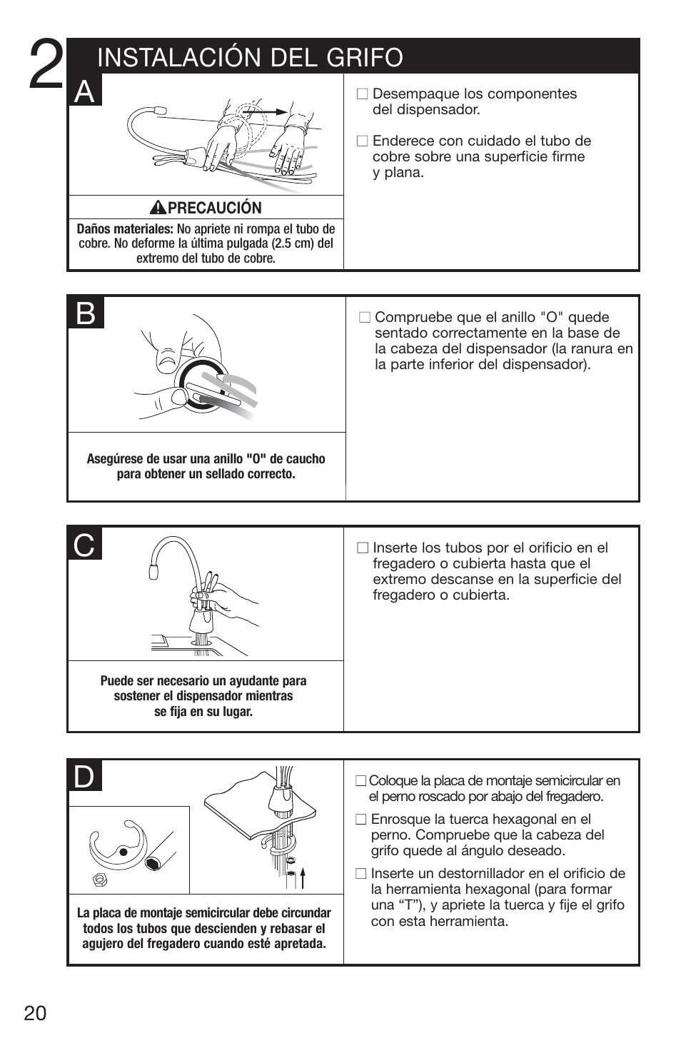 Ba c d, Instalación del grifo | InSinkErator 1100 User Manual | Page 20 / 43