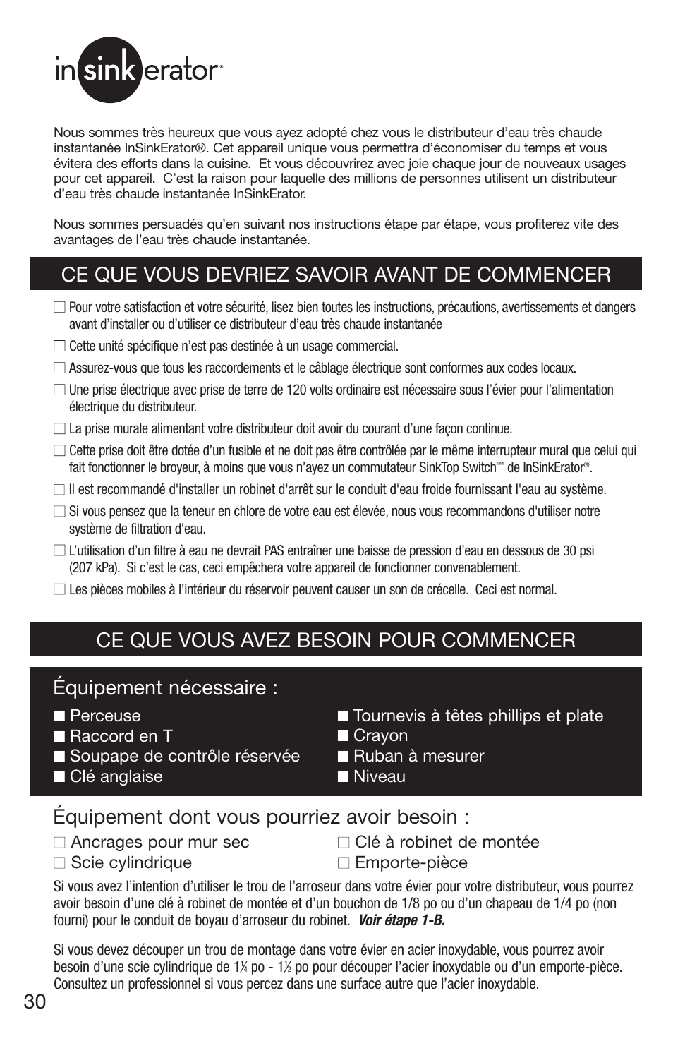 Équipement dont vous pourriez avoir besoin, Ce que vous avez besoin pour commencer 30 | InSinkErator 1100 User Manual | Page 30 / 43