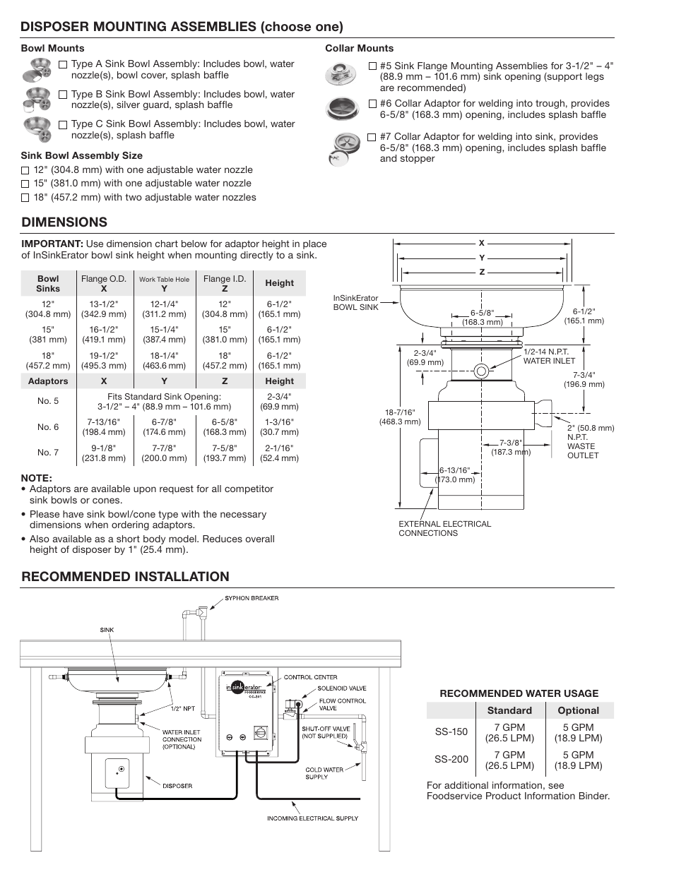 Dimensions | InSinkErator SS150 to SS200 User Manual | Page 2 / 2