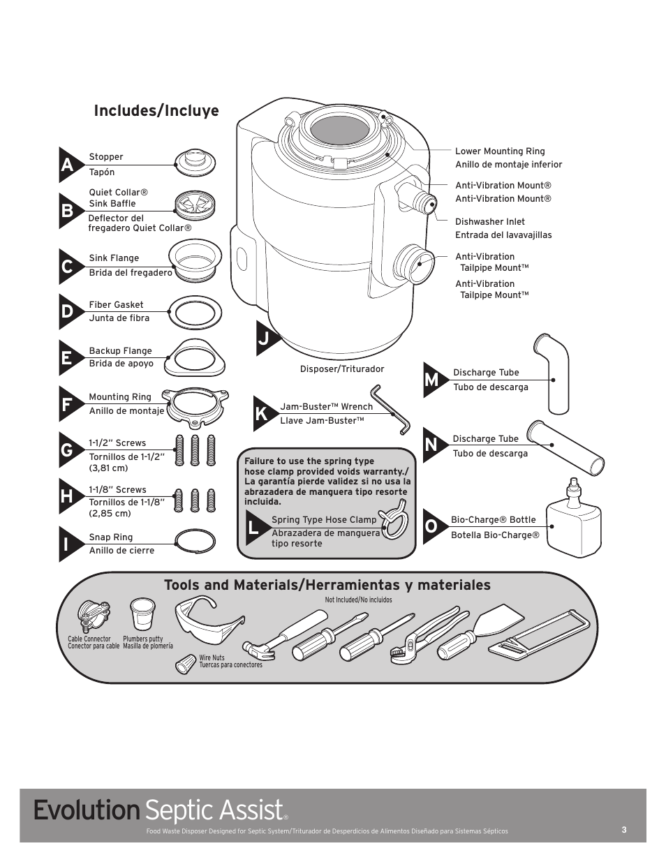 Evolution septic assist, Includes/incluye, Tools and materials/herramientas y materiales | InSinkErator EVOLUTION SEPTIC ASSIST 76137 User Manual | Page 3 / 14