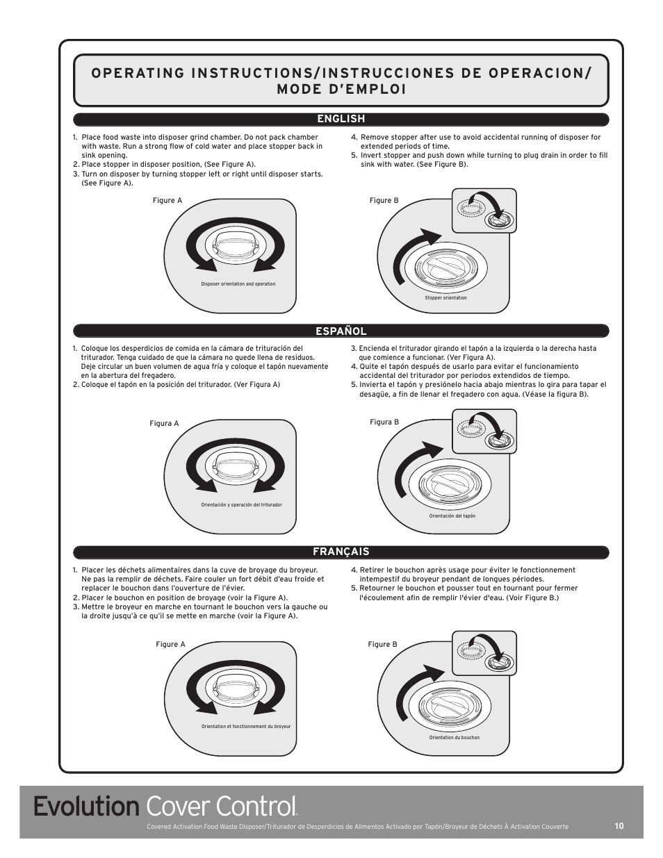 Evolution cover control, English, Español | Français | InSinkErator Evolution Series User Manual | Page 10 / 16
