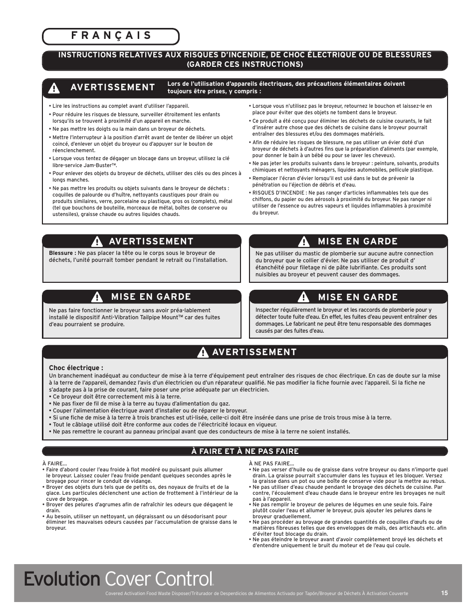 Evolution cover control, Mise en garde, Avertissement | InSinkErator Evolution Series User Manual | Page 15 / 16