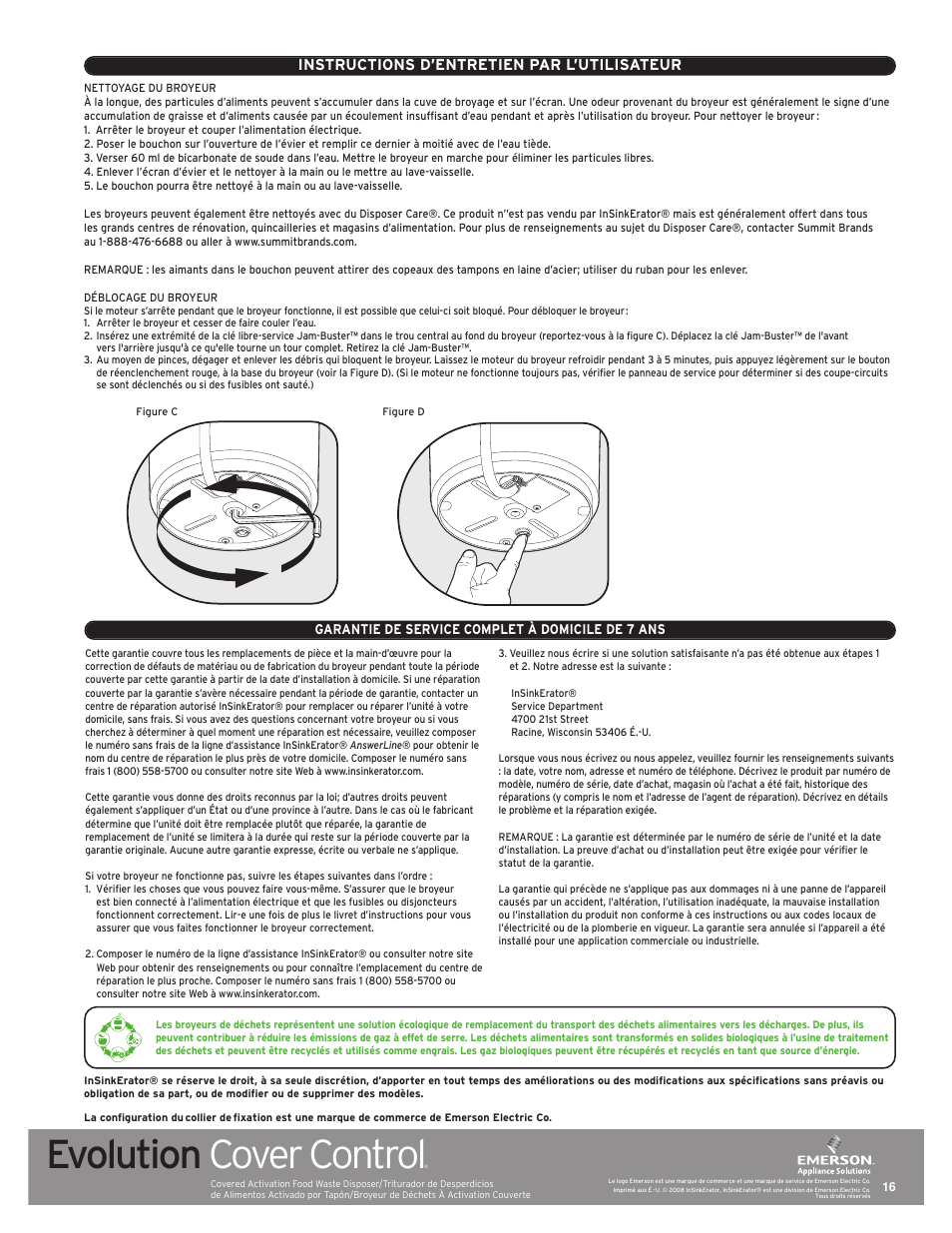 Evolution cover control, Instructions d’entretien par l’utilisateur | InSinkErator Evolution Series User Manual | Page 16 / 16