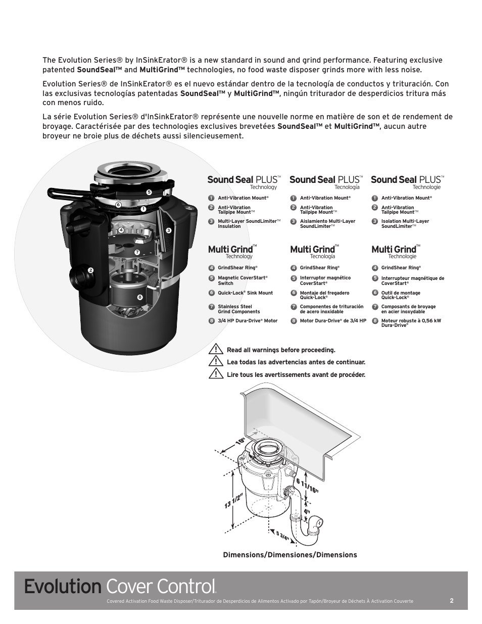 Evolution cover control, Sound seal plus, Multi grind | Dimensions/dimensiones/dimensions | InSinkErator Evolution Series User Manual | Page 2 / 16
