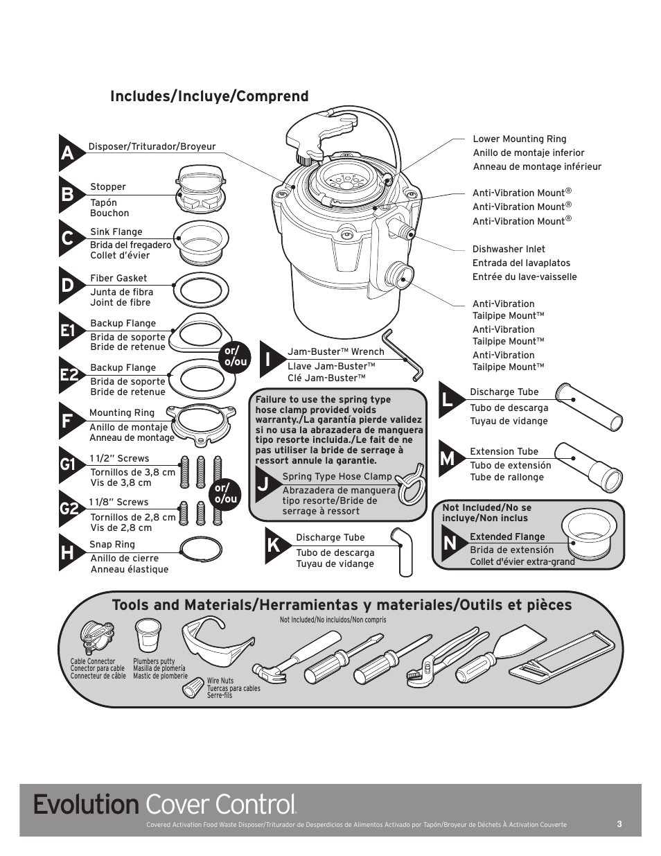 Evolution cover control, E2 e1 g2 g1, Includes/incluye/comprend | InSinkErator Evolution Series User Manual | Page 3 / 16