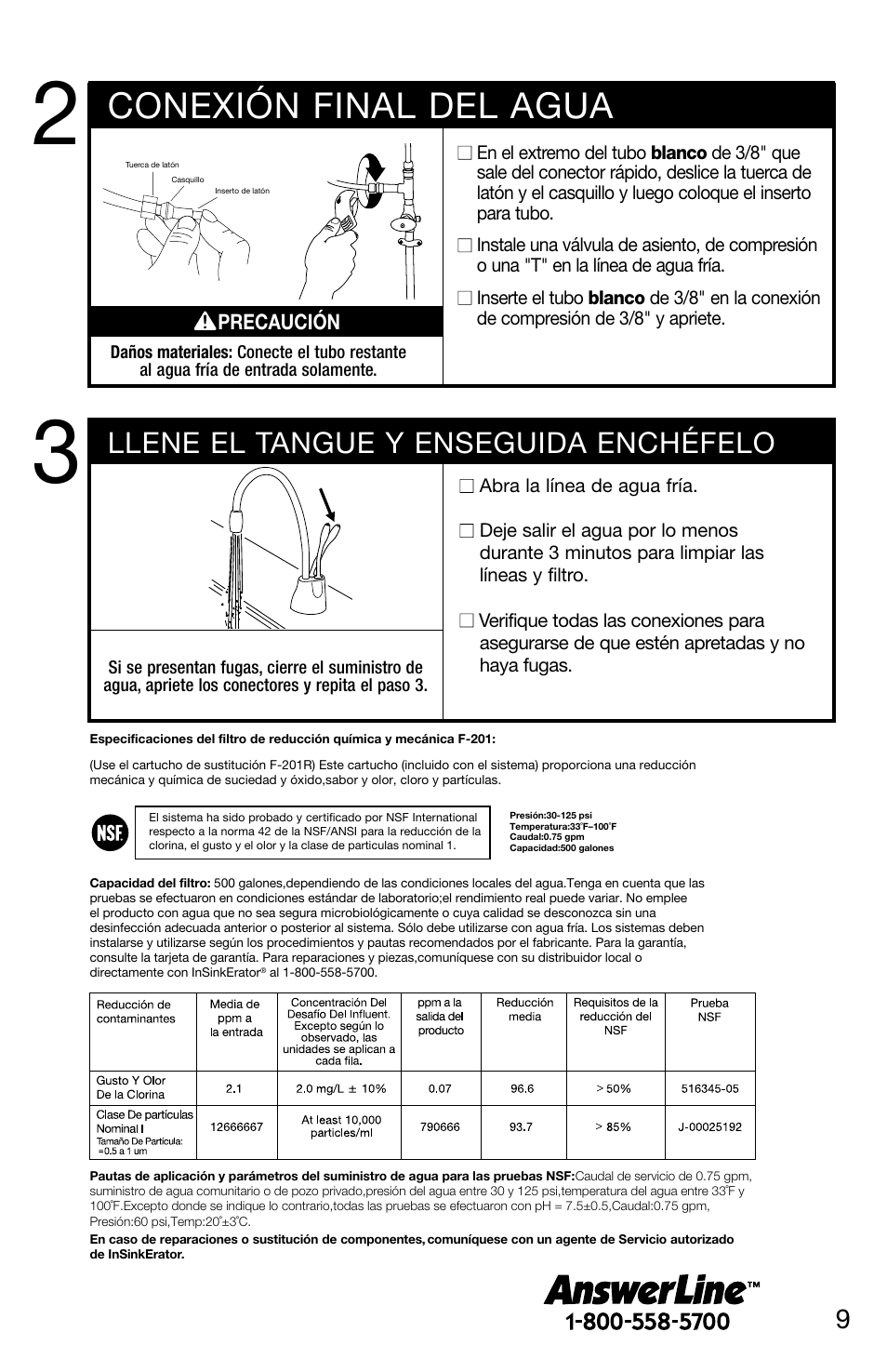 Final water connection, Conexión final del agua, Llene el tangue y enseguida enchéfelo | InSinkErator F-201R User Manual | Page 9 / 16