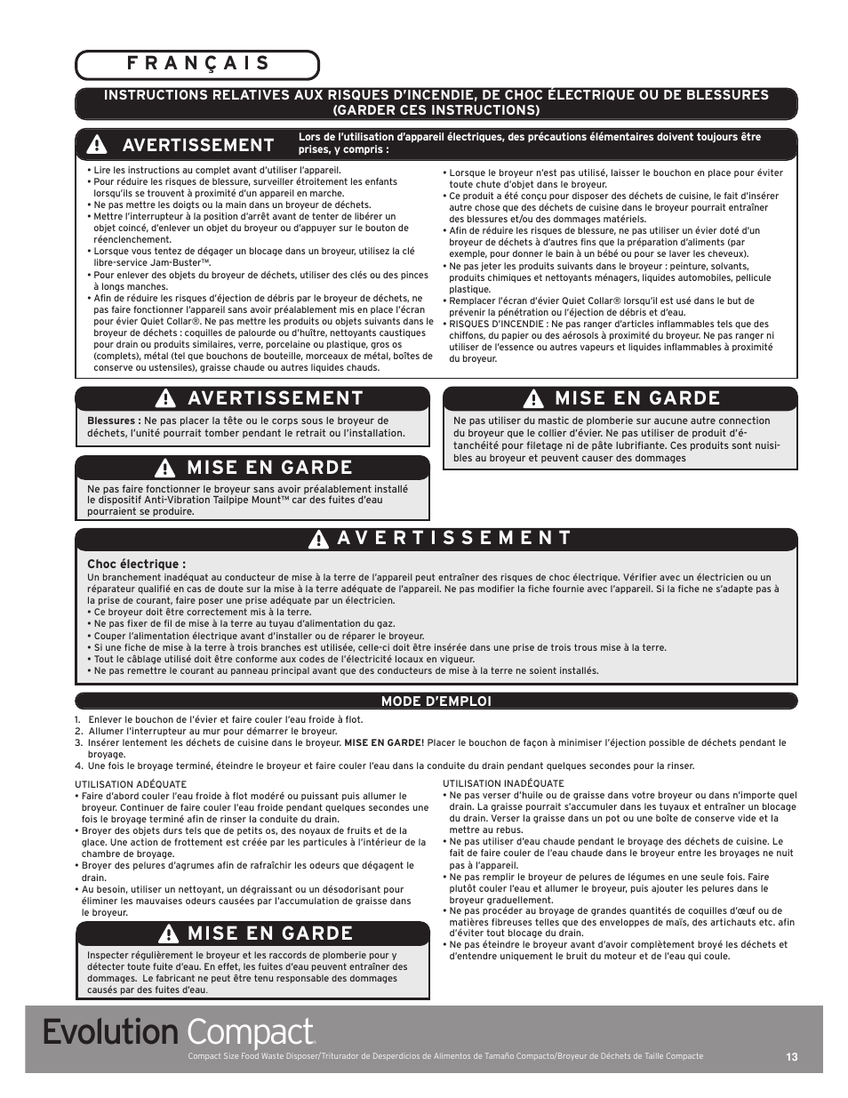 Evolution compact, Mise en garde, Avertissement | InSinkErator Evolution Compact User Manual | Page 13 / 14