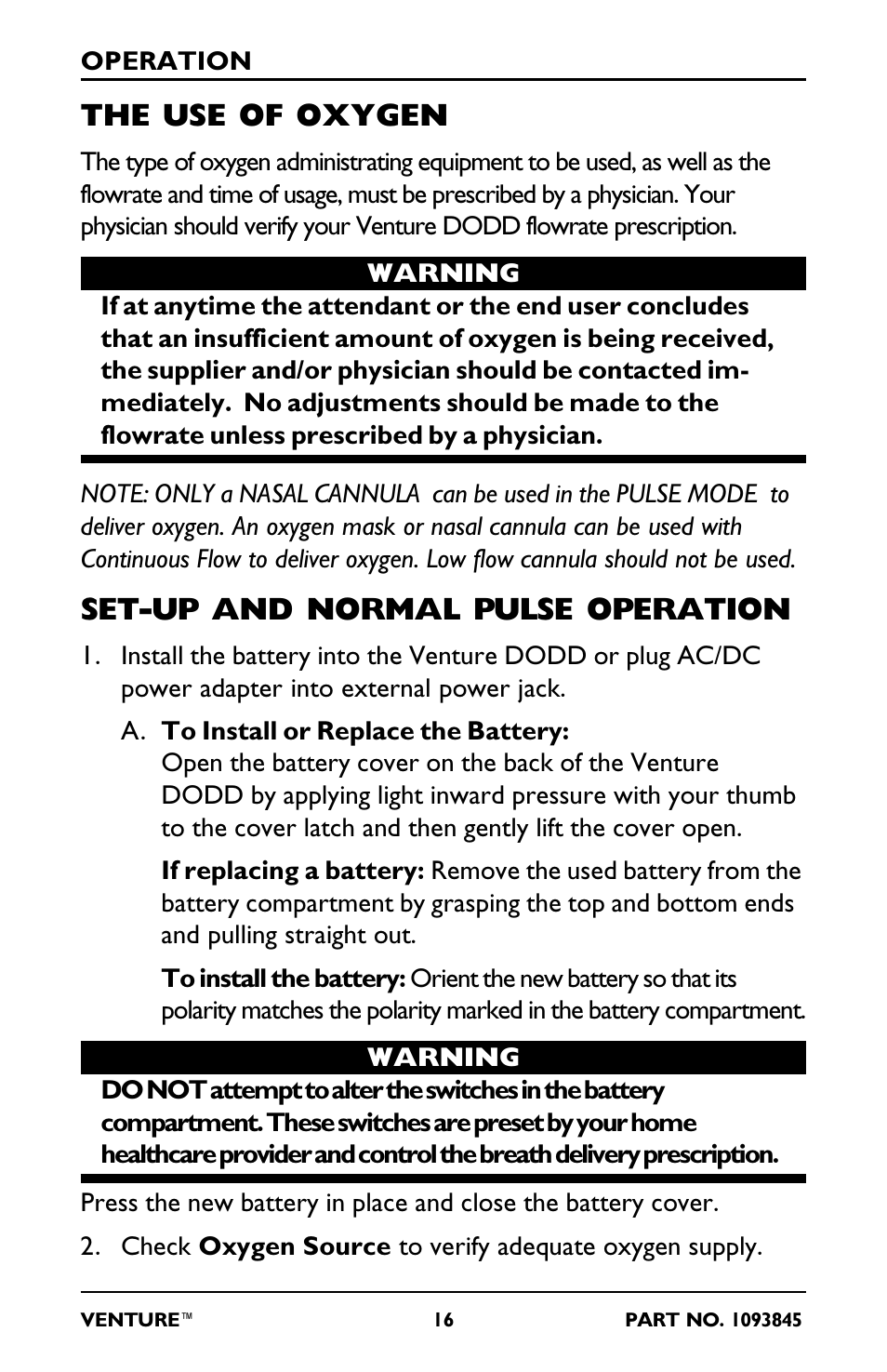 The use of oxygen, Set-up and normal pulse operation | Invacare 211EX User Manual | Page 16 / 28