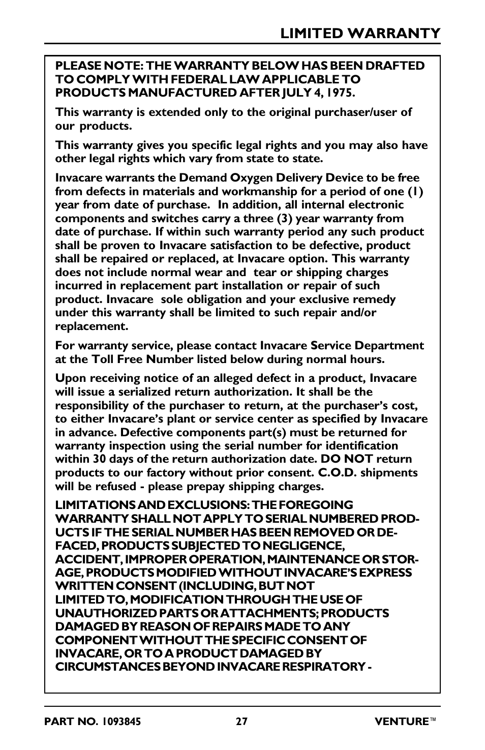 Limited warranty | Invacare 211EX User Manual | Page 27 / 28