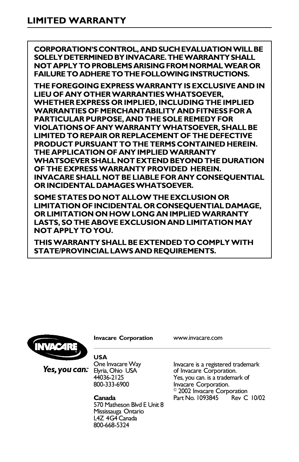 Limited warranty | Invacare 211EX User Manual | Page 28 / 28