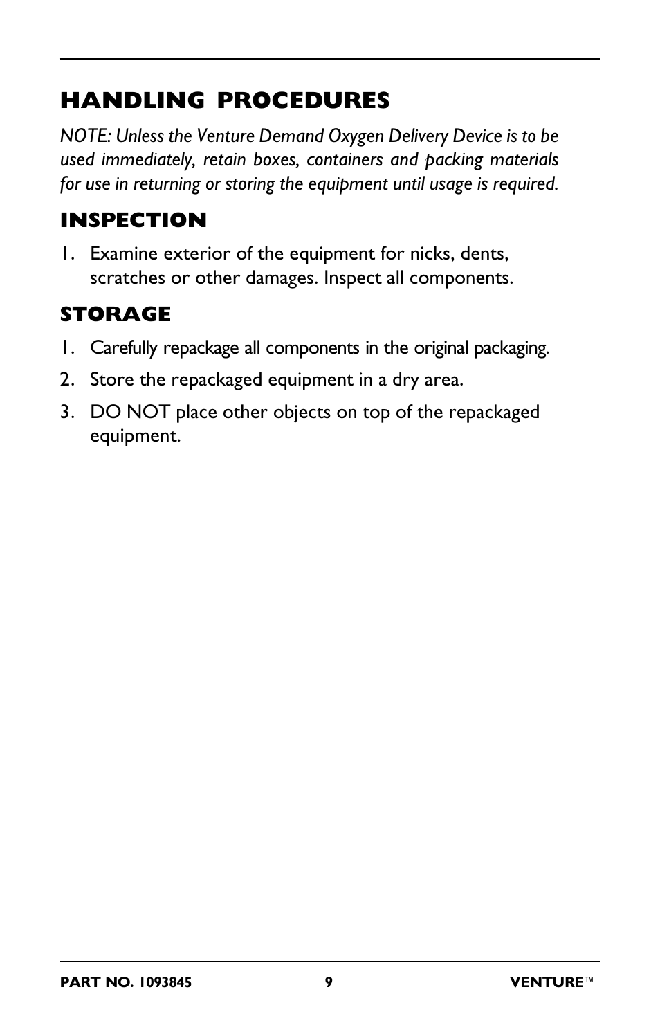 Handling procedures, Inspection, Storage | Invacare 211EX User Manual | Page 9 / 28