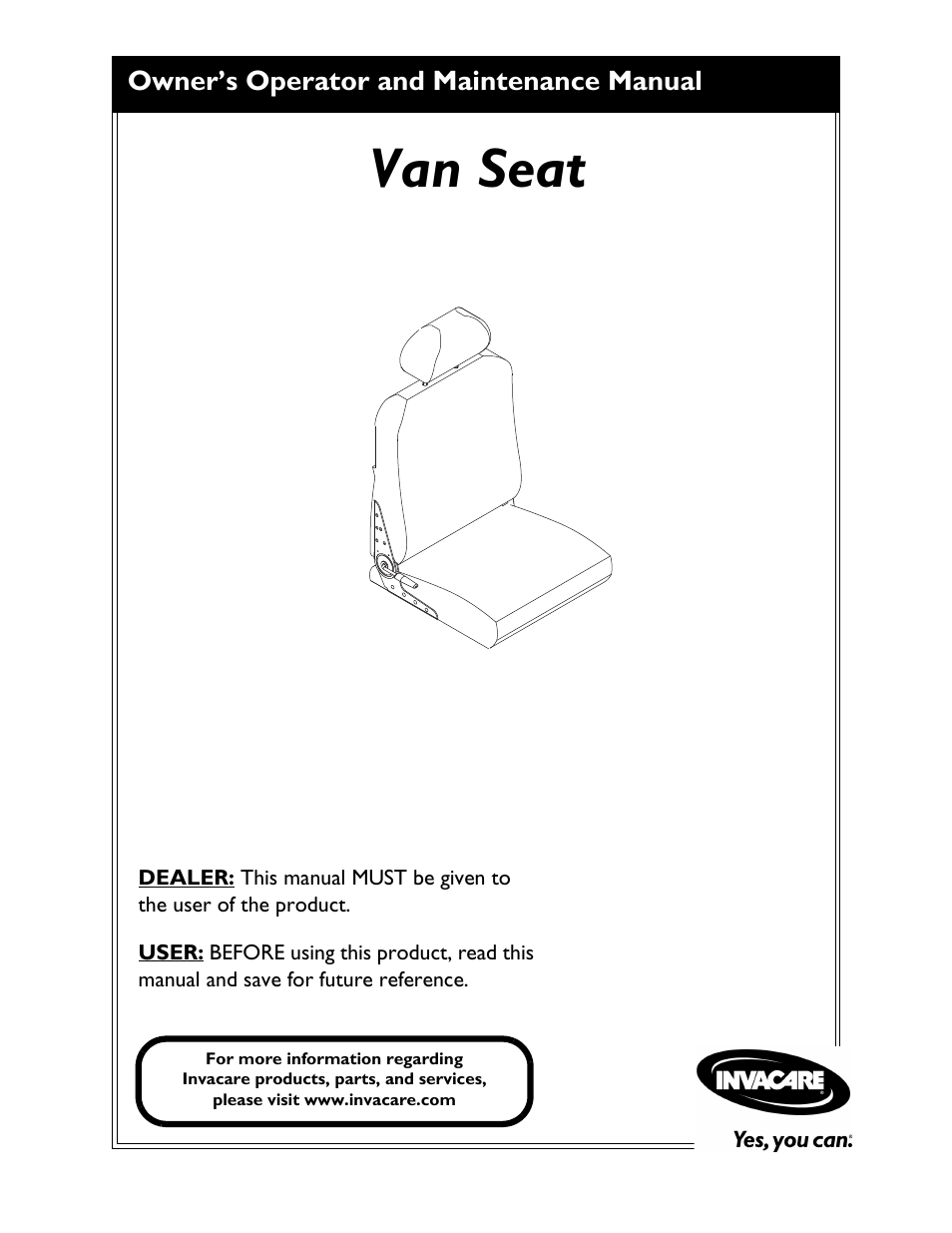 Invacare Van Seat PHWH93 User Manual | 28 pages