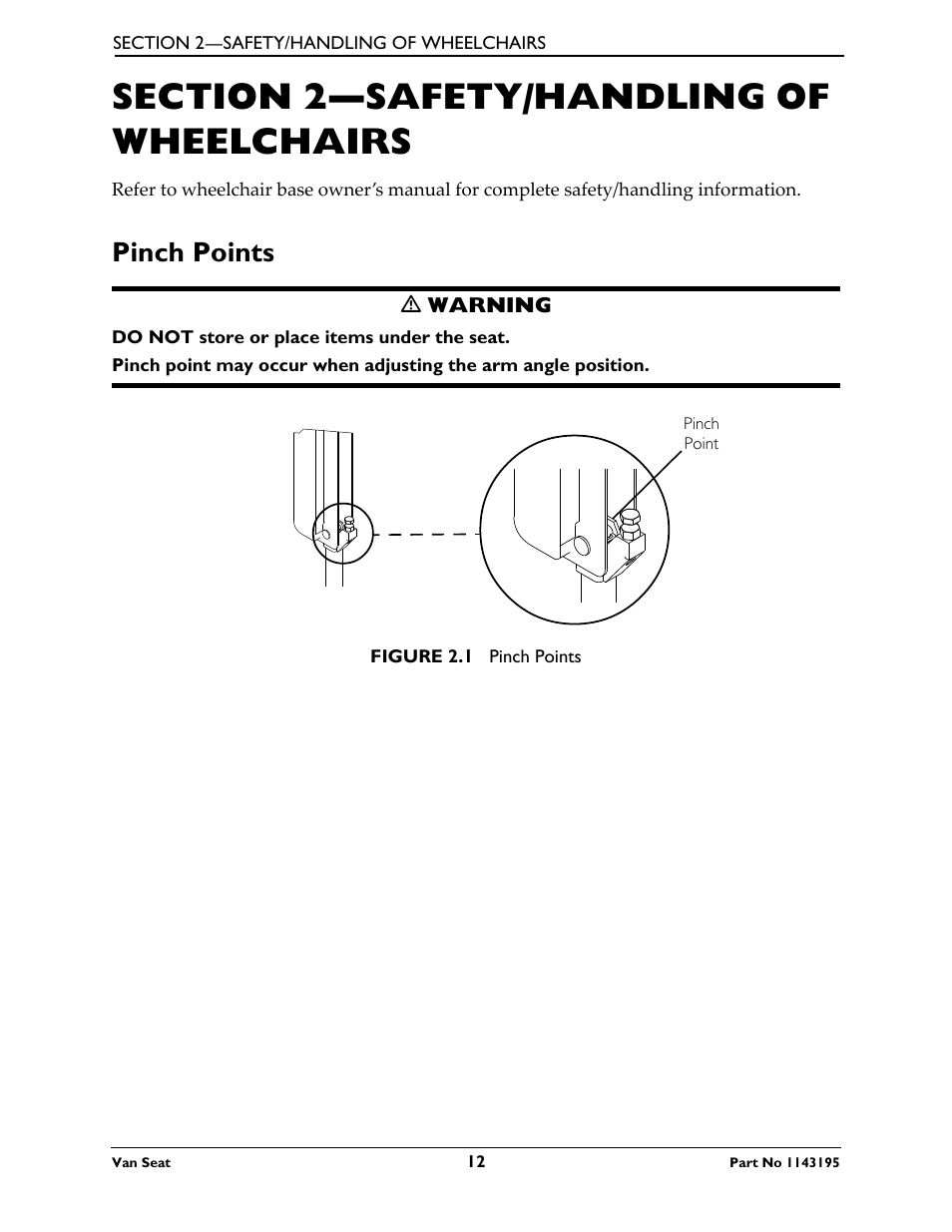 Section 2—safety/handling of wheelchairs, Pinch points | Invacare Van Seat PHWH93 User Manual | Page 12 / 28