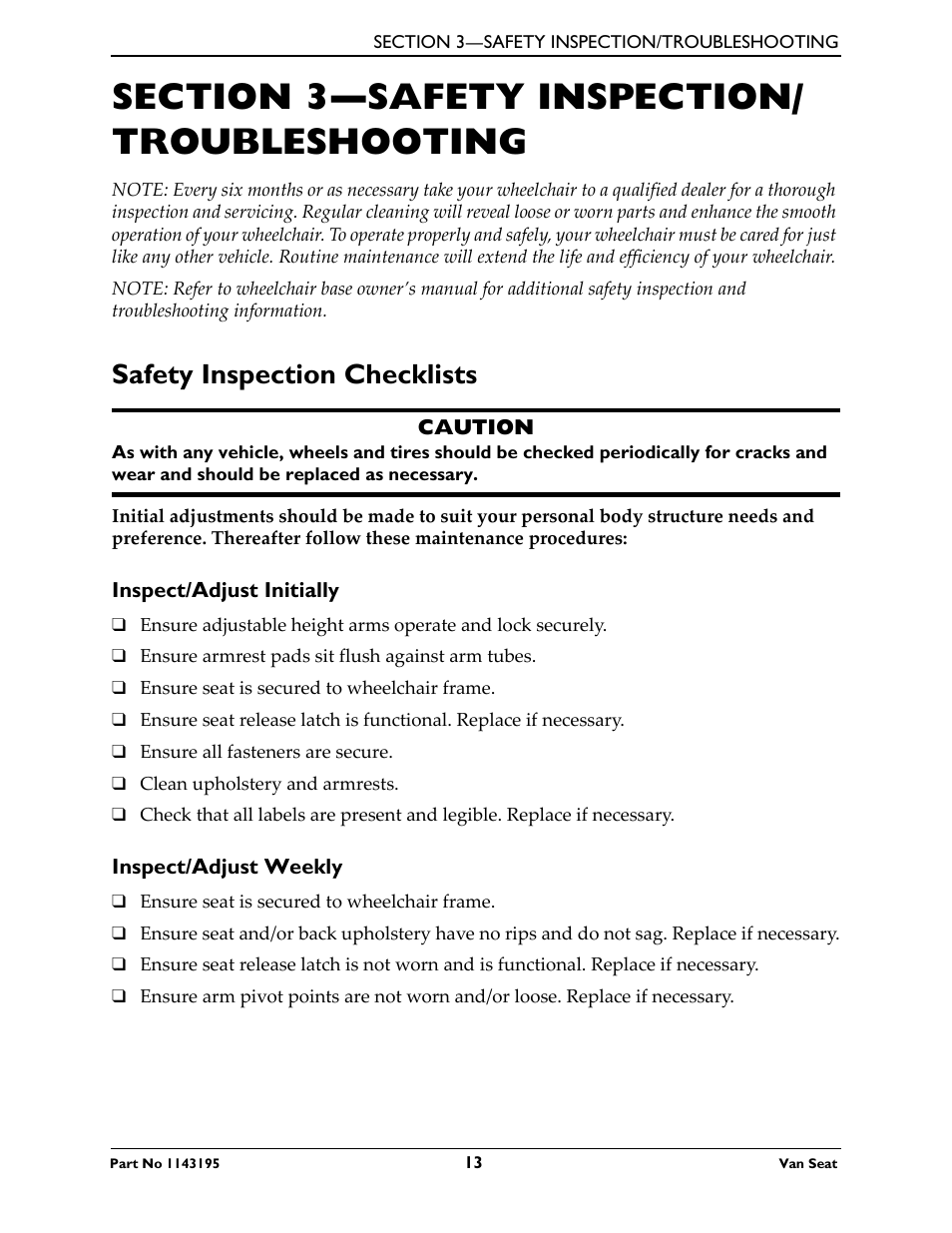 Section 3—safety inspection/troubleshooting, Safety inspection checklists, Inspect/adjust initially | Inspect/adjust weekly | Invacare Van Seat PHWH93 User Manual | Page 13 / 28