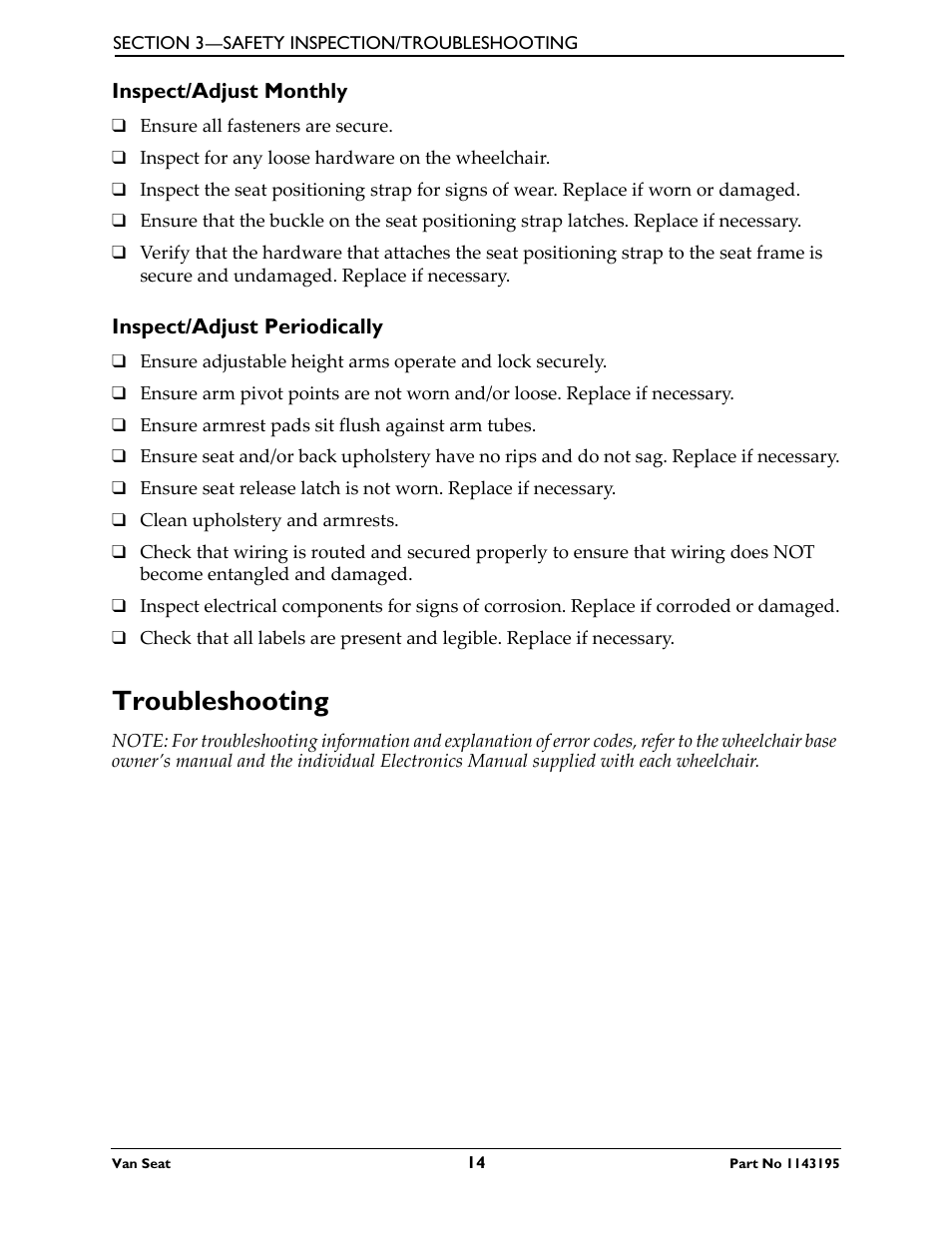 Inspect/adjust monthly, Inspect/adjust periodically, Troubleshooting | Invacare Van Seat PHWH93 User Manual | Page 14 / 28