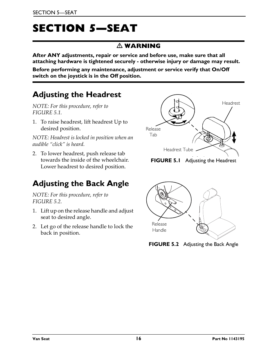 Section 5—seat, Adjusting the headrest, Adjusting the back angle | Invacare Van Seat PHWH93 User Manual | Page 16 / 28