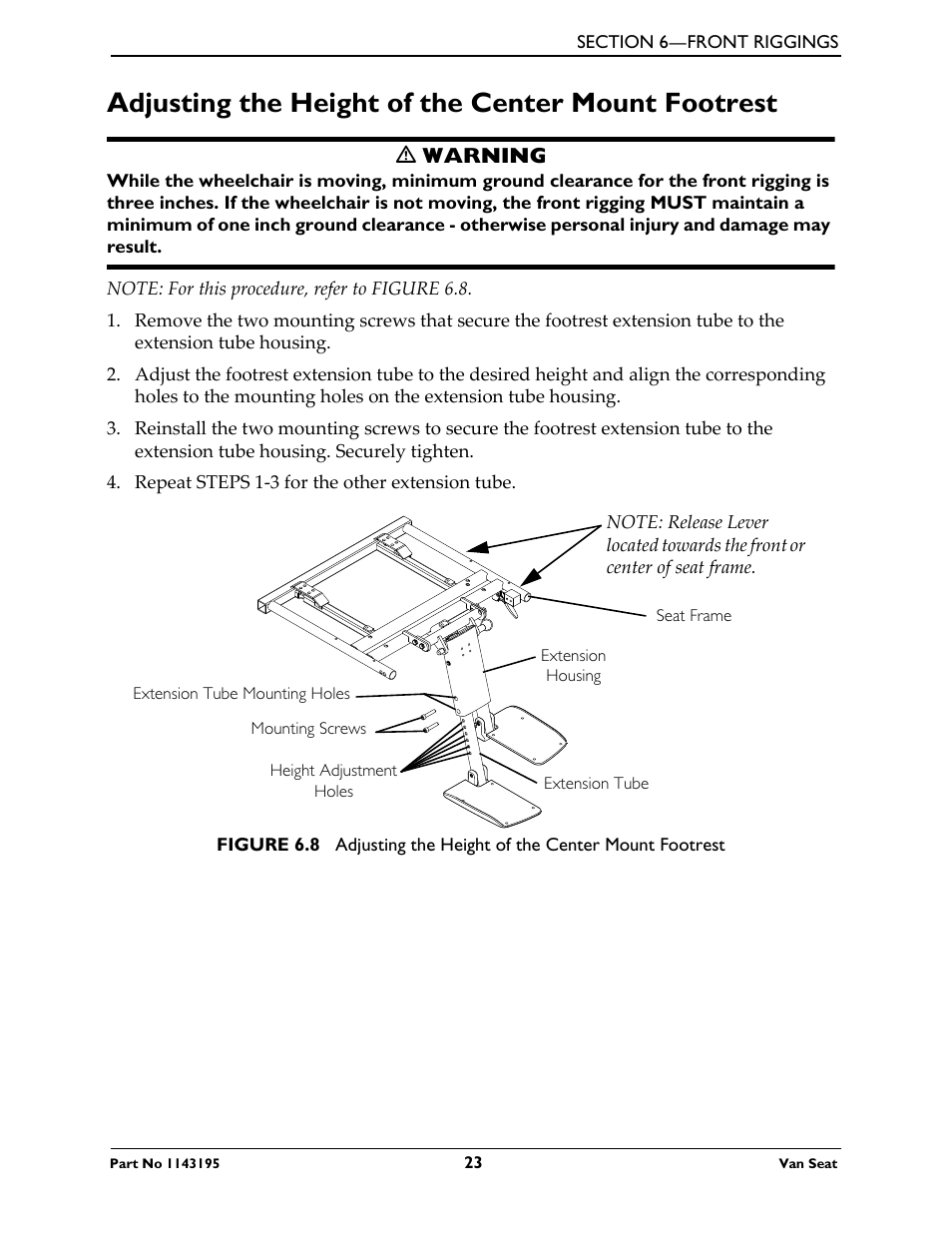 Adjusting the height of the center mount footrest | Invacare Van Seat PHWH93 User Manual | Page 23 / 28