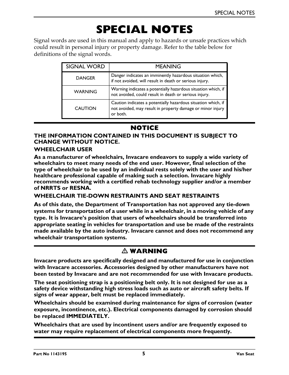 Special notes | Invacare Van Seat PHWH93 User Manual | Page 5 / 28