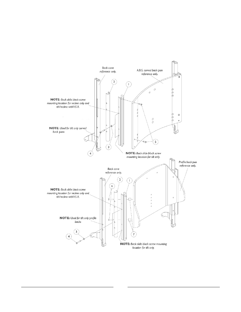 Back assembly mounting hardware, A.b.s. curved and profile | Invacare 2GTR User Manual | Page 55 / 176