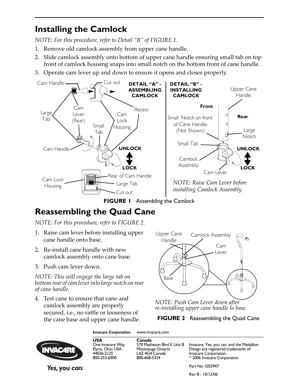 Installing the camlock, Reassembling the quad cane | Invacare 1048085 User Manual | Page 2 / 2