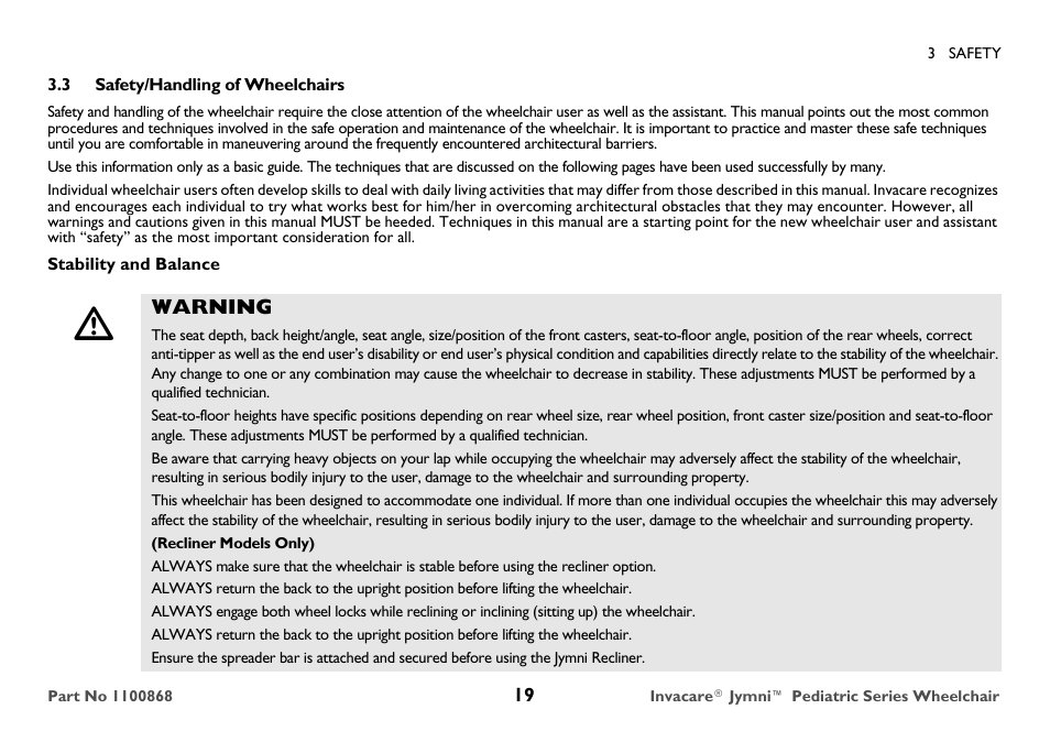 Safety/handling of wheelchairs | Invacare 9000 STANDARD WEIGHT User Manual | Page 19 / 72