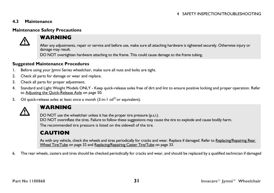 Maintenance | Invacare 9000 STANDARD WEIGHT User Manual | Page 31 / 72