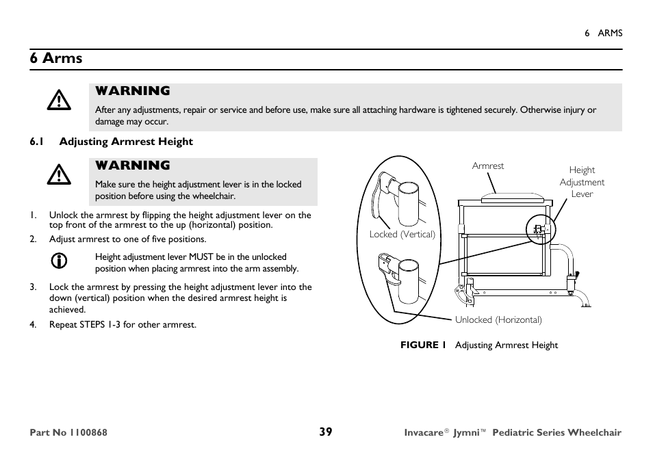 Arms, Adjusting armrest height, 6 arms | Invacare 9000 STANDARD WEIGHT User Manual | Page 39 / 72