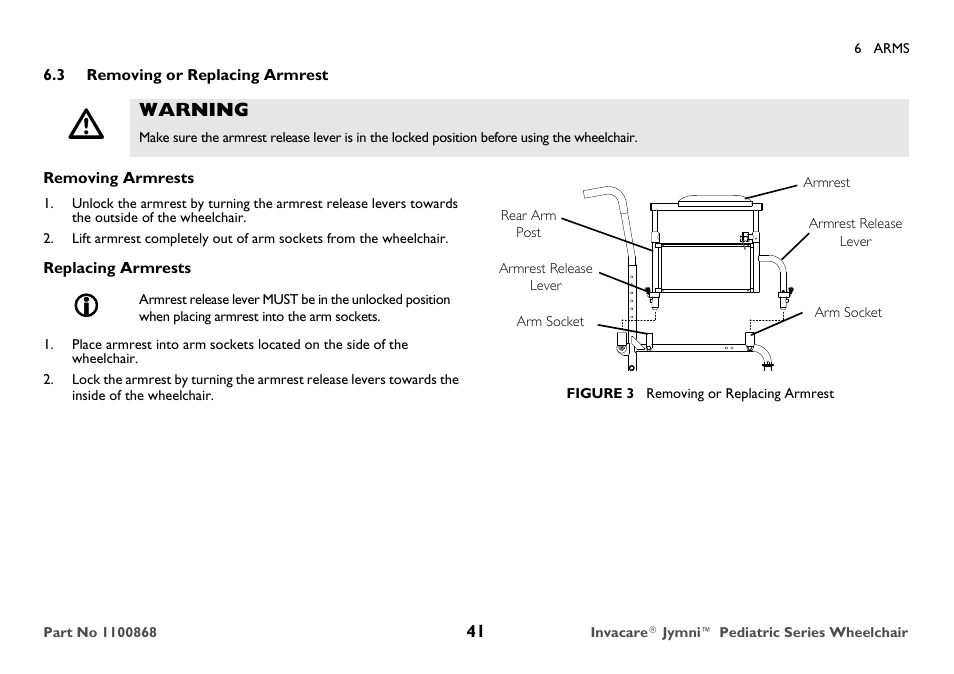 Removing or replacing armrest, Warning | Invacare 9000 STANDARD WEIGHT User Manual | Page 41 / 72