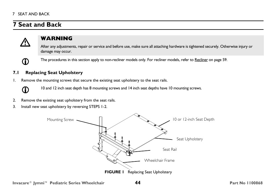 Seat and back, Replacing seat upholstery, 7 seat and back | Invacare 9000 STANDARD WEIGHT User Manual | Page 44 / 72