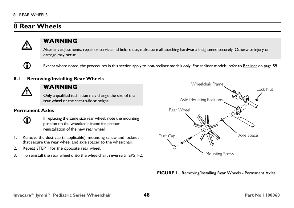 Rear wheels, Removing/installing rear wheels, 8 rear wheels | Invacare 9000 STANDARD WEIGHT User Manual | Page 48 / 72