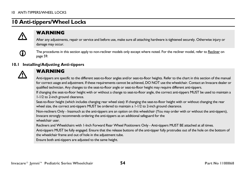 10 anti-tippers/wheel locks, Installing/adjusting anti-tippers | Invacare 9000 STANDARD WEIGHT User Manual | Page 54 / 72