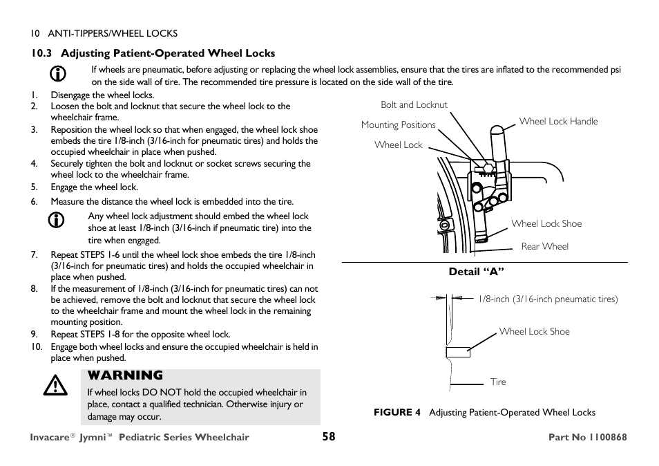 Adjusting patient-operated wheel locks, Warning | Invacare 9000 STANDARD WEIGHT User Manual | Page 58 / 72