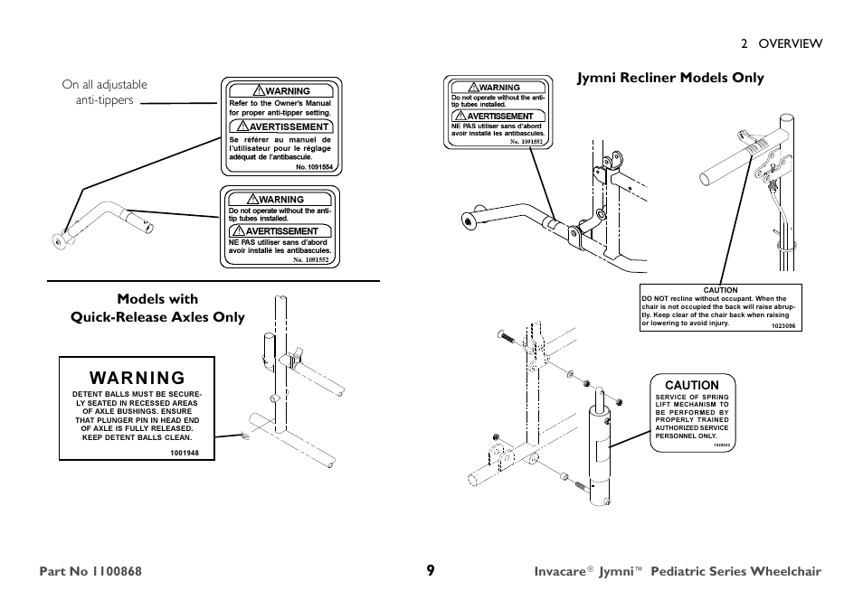 Warning, Jymni recliner models only, Models with quick-release axles only | Invacare® jymni™ pediatric series wheelchair, On all adjustable anti-tippers | Invacare 9000 STANDARD WEIGHT User Manual | Page 9 / 72