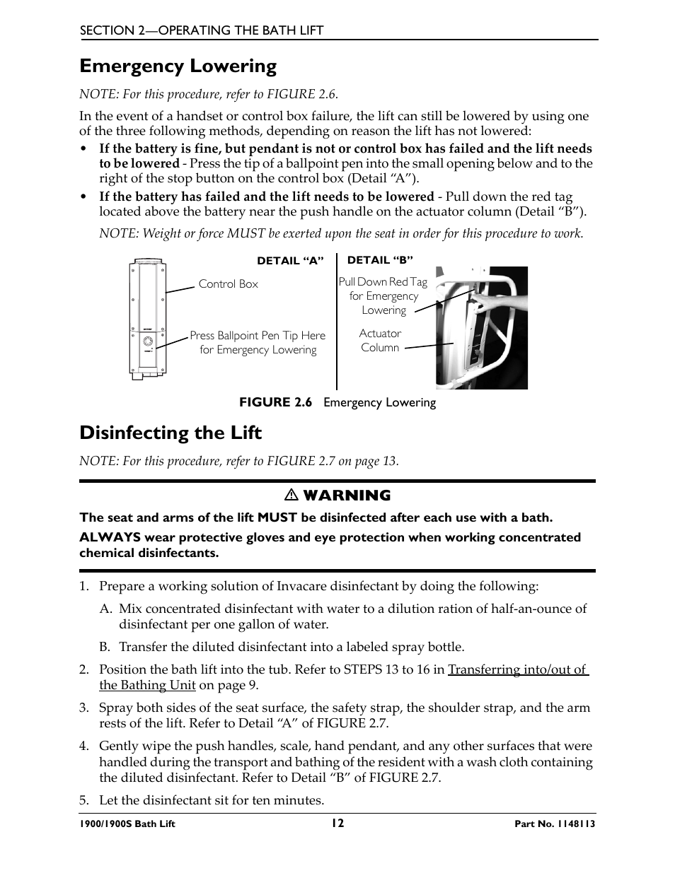Emergency lowering disinfecting the lift, Emergency lowering, Disinfecting the lift | Invacare 1900 User Manual | Page 12 / 24