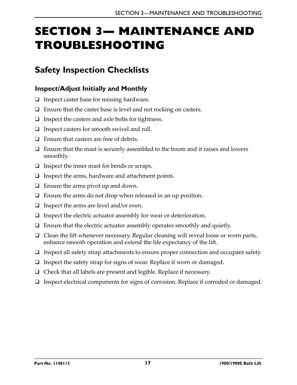 Section 3— maintenance and troubleshooting, Safety inspection checklists, Inspect/adjust initially and monthly | Invacare 1900 User Manual | Page 17 / 24
