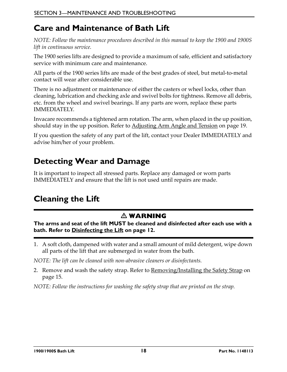 Care and maintenance of bath lift, Detecting wear and damage, Cleaning the lift | Invacare 1900 User Manual | Page 18 / 24