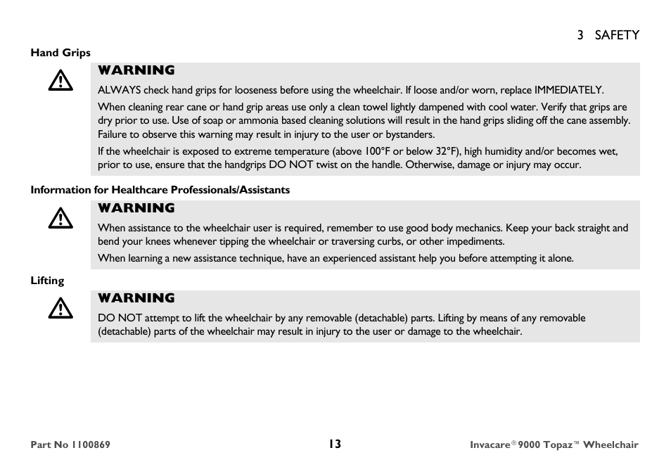 Hand grips, Warning, Lifting | Invacare 9000 Topaz User Manual | Page 13 / 68