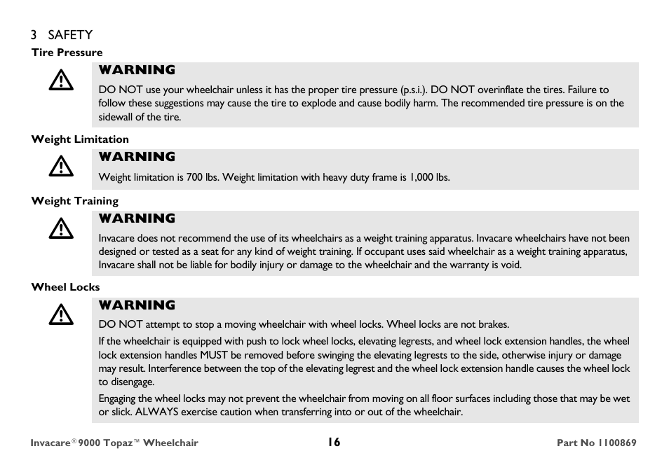 Tire pressure, Warning, Weight limitation | Weight training, Wheel locks | Invacare 9000 Topaz User Manual | Page 16 / 68