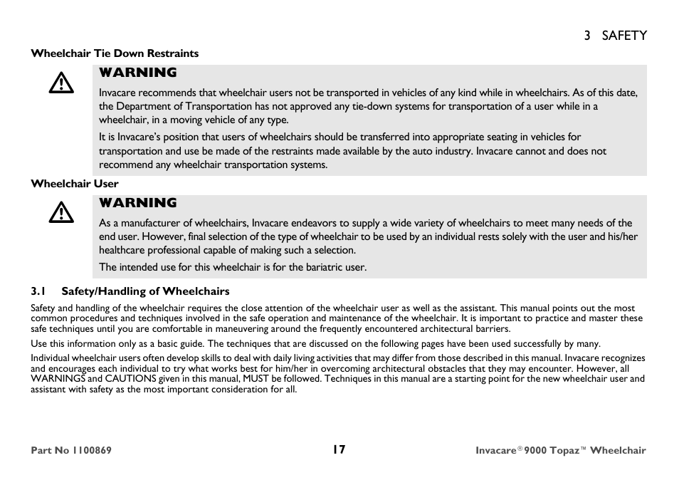 Wheelchair tie down restraints, Warning, Wheelchair user | 1 safety/handling of wheelchairs | Invacare 9000 Topaz User Manual | Page 17 / 68