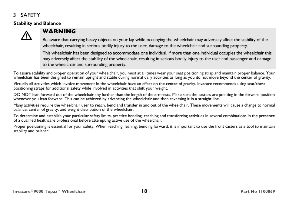 Stability and balance, Warning | Invacare 9000 Topaz User Manual | Page 18 / 68