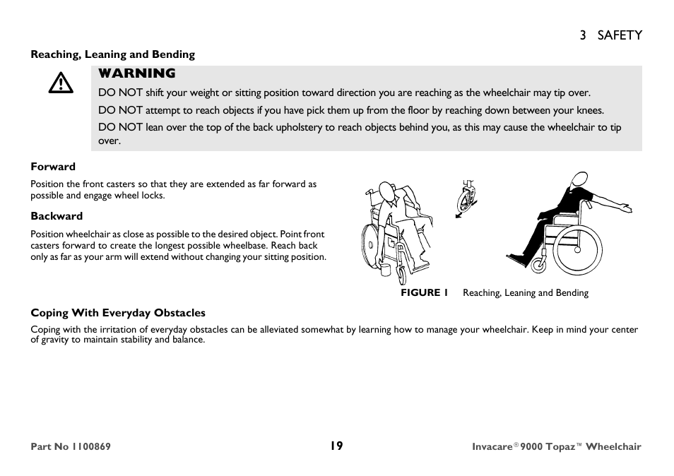 Reaching, leaning and bending, Warning, Forward | Backward, Figure 1 reaching, leaning and bending, Coping with everyday obstacles | Invacare 9000 Topaz User Manual | Page 19 / 68