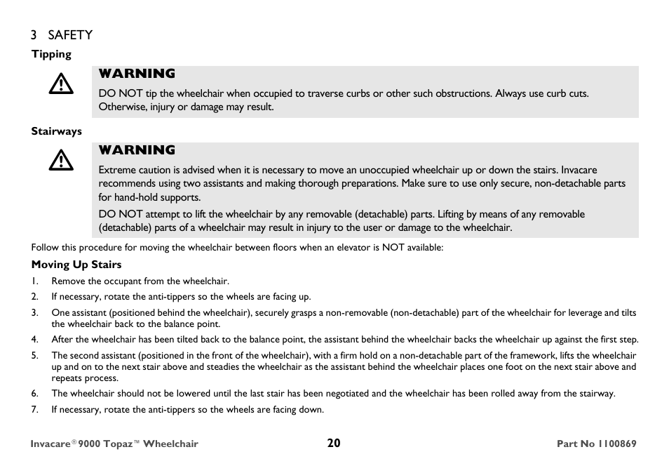 Tipping, Warning, Stairways | Moving up stairs, Remove the occupant from the wheelchair | Invacare 9000 Topaz User Manual | Page 20 / 68