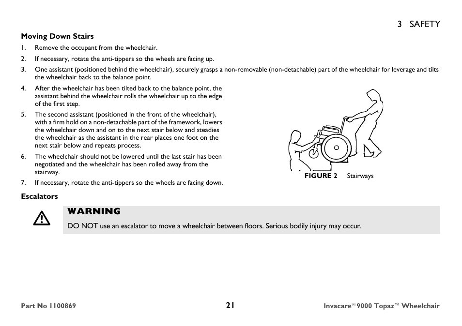 Moving down stairs, Remove the occupant from the wheelchair, Figure 2 stairways | Escalators, Warning, 3 safety | Invacare 9000 Topaz User Manual | Page 21 / 68