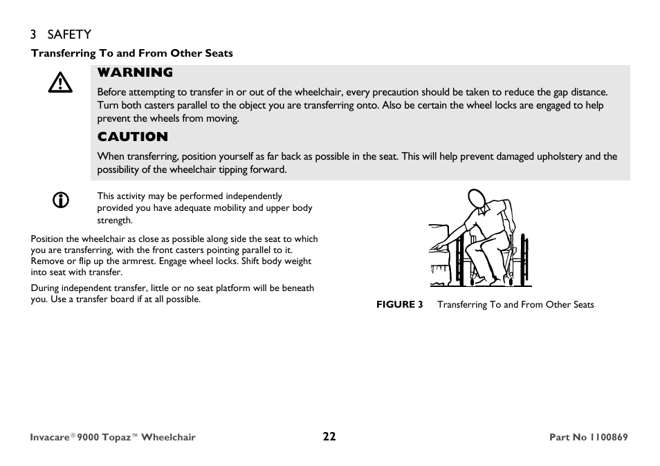 Transferring to and from other seats, Warning, Caution | Figure 3 transferring to and from other seats | Invacare 9000 Topaz User Manual | Page 22 / 68