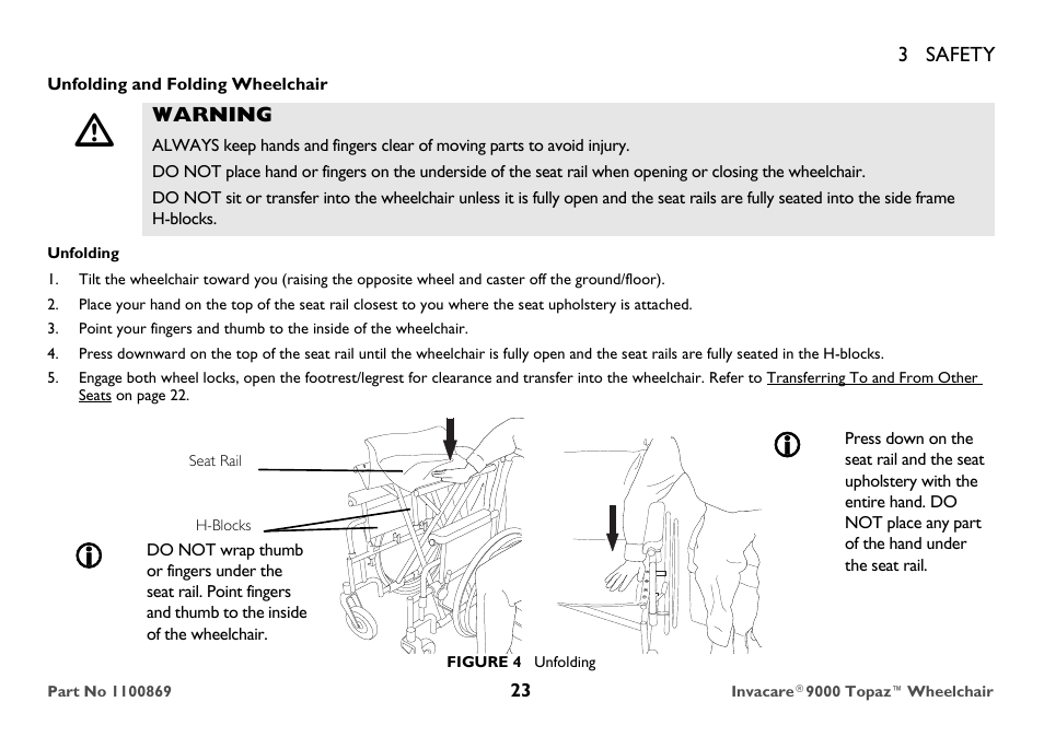 Unfolding and folding wheelchair, Warning, Unfolding | Seat rail | Invacare 9000 Topaz User Manual | Page 23 / 68