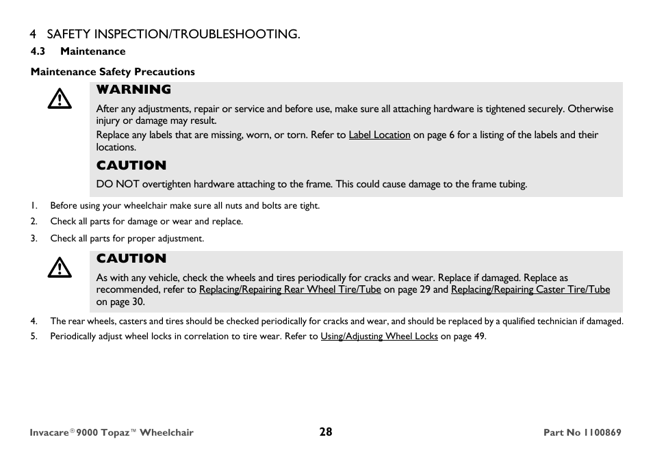 3 maintenance, Maintenance safety precautions, Warning | Caution, Check all parts for damage or wear and replace, Check all parts for proper adjustment | Invacare 9000 Topaz User Manual | Page 28 / 68