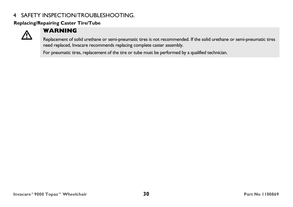 Replacing/repairing caster tire/tube, Warning | Invacare 9000 Topaz User Manual | Page 30 / 68