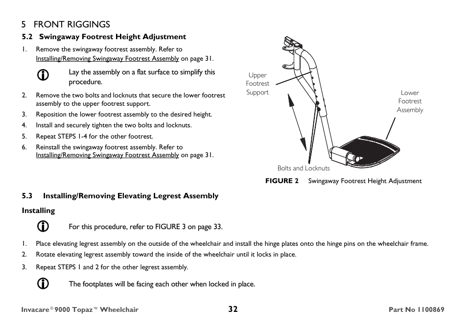 2 swingaway footrest height adjustment, Repeat steps 1-4 for the other footrest, Lower footrest assembly | Figure 2 swingaway footrest height adjustment, 3 installing/removing elevating legrest assembly, Installing, 5 front riggings | Invacare 9000 Topaz User Manual | Page 32 / 68