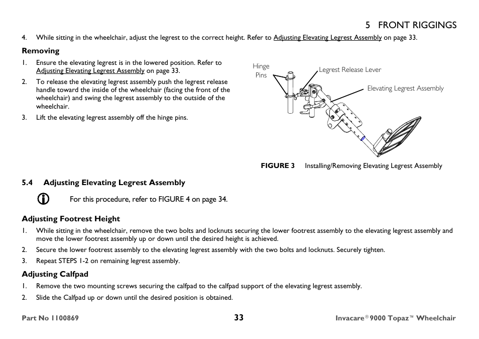 Removing, Elevating legrest assembly, 4 adjusting elevating legrest assembly | Adjusting footrest height, Repeat steps 1-2 on remaining legrest assembly, Adjusting calfpad, 5 front riggings | Invacare 9000 Topaz User Manual | Page 33 / 68