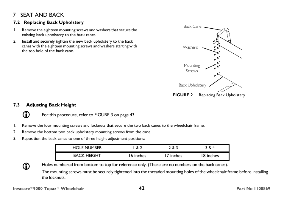 2 replacing back upholstery, Back cane, Figure 2 replacing back upholstery | 3 adjusting back height, Hole number, Back height, 7 seat and back | Invacare 9000 Topaz User Manual | Page 42 / 68